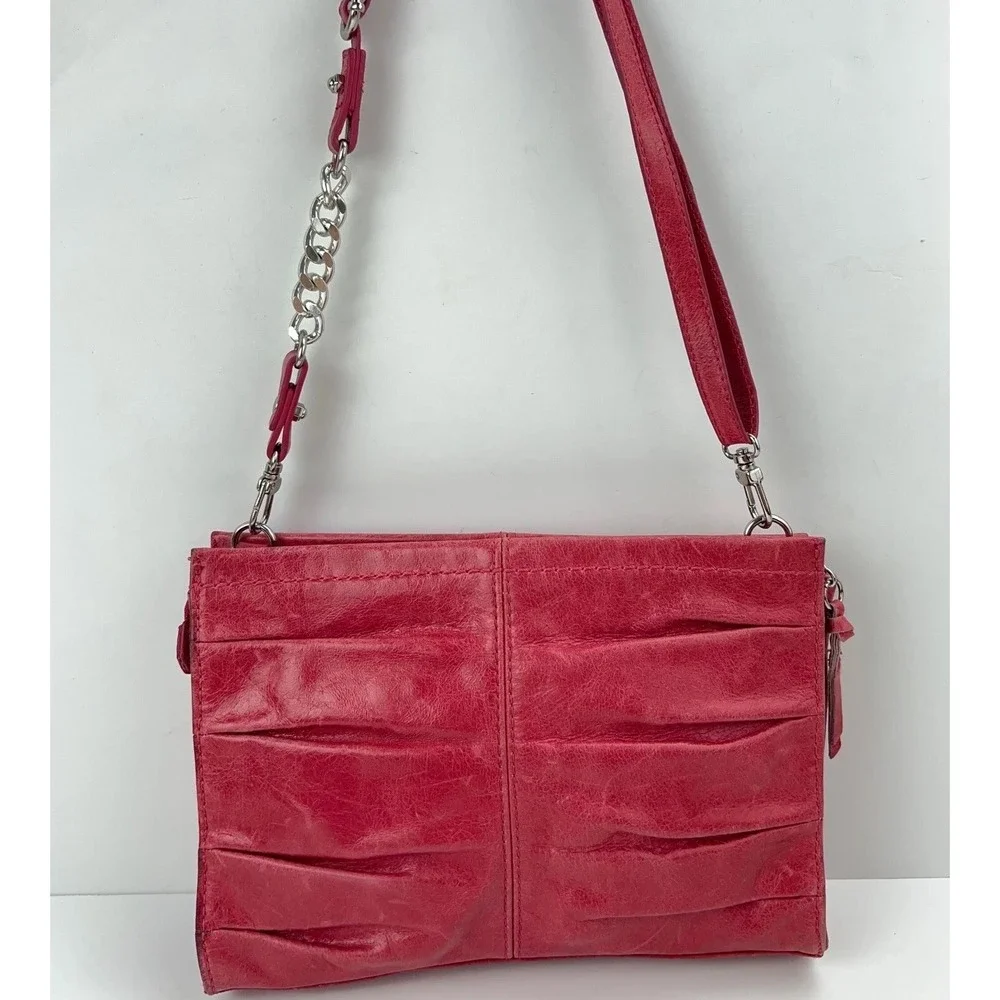 THE SAK Charleston Leather Demi Shoulder Clutch Pink Pleated Chain Handbag Purse